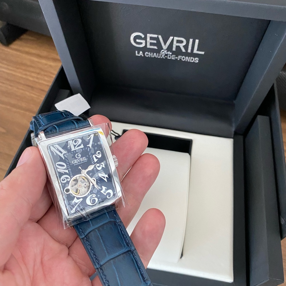 GEVRIL Avenue of Americas Intravedere Silver and Blue Leather Watch